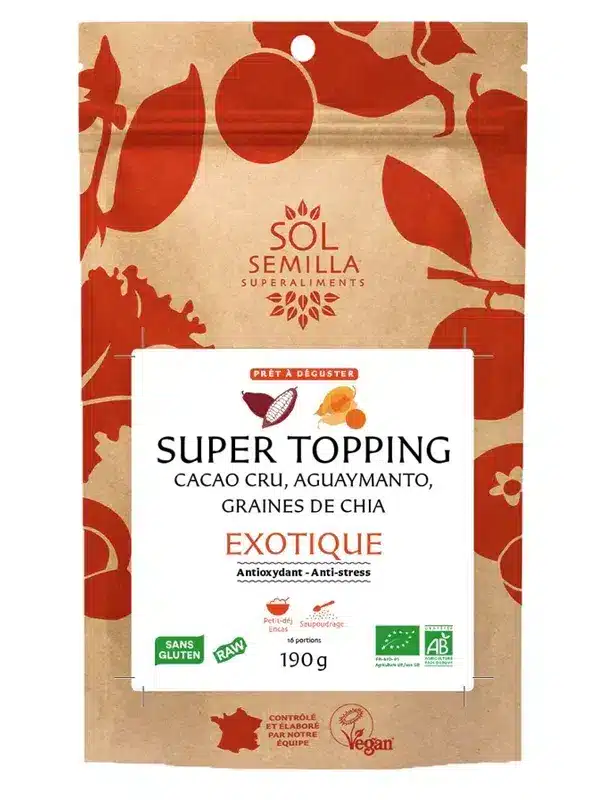 Super Topping Exotique BIO - Cacao Aguaymanto Super Topping Bio Cacao Aguaymanto pour salades et desserts